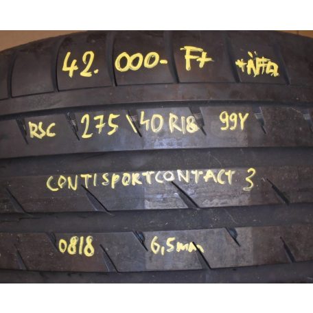 [GYÁRI HASZNÁLT] 1DB NYÁRI GUMI - 275/40R18 - 99Y -CONTINENTAL CONTISPORTCONTACT 3 - DOT: 0818 - 6,5mm - RSC DEFEKT TŰRŐ 
