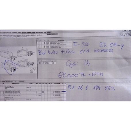 [GYÁRI ÚJ] BMW - KÜLSŐ VISSZAPILLANTÓ TÜKÖR - BAL OLDALI (ELEKTROMOS , MEMÓRIÁS) - 5-ÖS / E39 (1997.09-IG!)