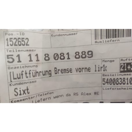 (GYÁRI ÚJ) BMW Fékhűtő cső bal első X3 G01 LCI / X4 G02 LCI