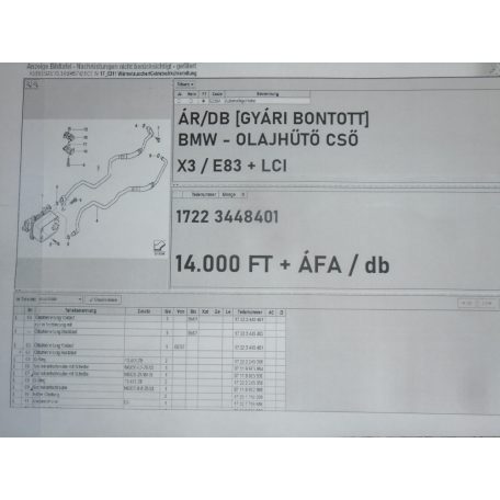 ÁR/DB [GYÁRI BONTOTT] BMW - OLAJHŰTŐ CSŐ  - X3 / E83 + LCI - 1722 3448401