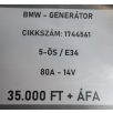   [GYÁRI BONTOTT] BMW - GENERÁTOR - 80A  -  14V - 5-ÖS / E34 - CIKKSZÁM: 1744561