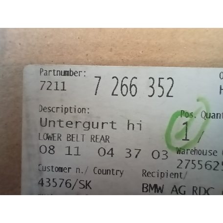 (GYÁRI ÚJ) BMW Biztonsági öv alsó heveder bal hátsó 1-es F20+LCI  F21+LCI / 2-es F22+LCI / F87 M2+LCI / 3-as F30 / F80 M3+LCI / F31+LCI / 4-es F32+LCI / F82 M4+LCI 