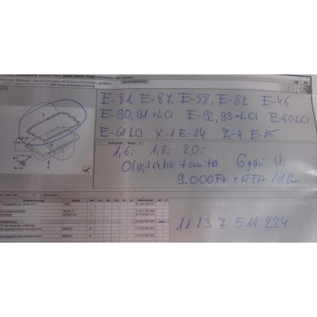 ÁR/DB [GYÁRI ÚJ] BMW - OLAJTEKNŐ TÖMÍTÉS - 1.6i ; 1.8i ; 2.0i - 1-ES ; 3-AS ; 5-ÖS ; X1; Z4 / E81; E87+LCI ; E88; E82 ; E46; E90; E91+LCI; E92+LCI; E93+LCI; E60 LCI; E61 LCI ; E84 ; E85 - 1113 7511224