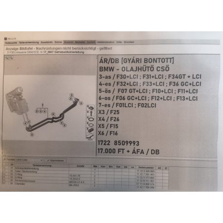 ÁR/DB [GYÁRI BONTOTT] BMW - OLAJHŰTŐ CSŐ -1722	8509993