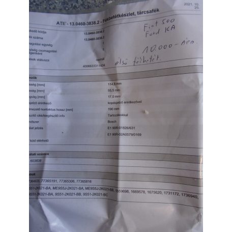 [utángyártott ÚJ] ATE - első Fékbetétszett Fiat 500 , Ford KA